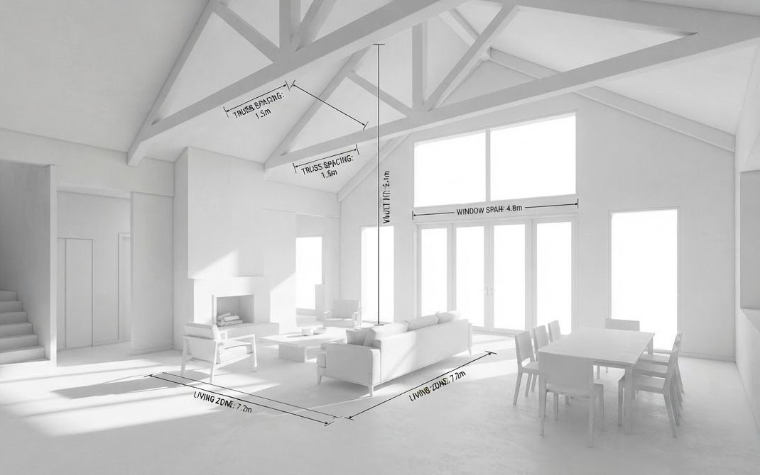 A plain white 3D model of a vaulted living room