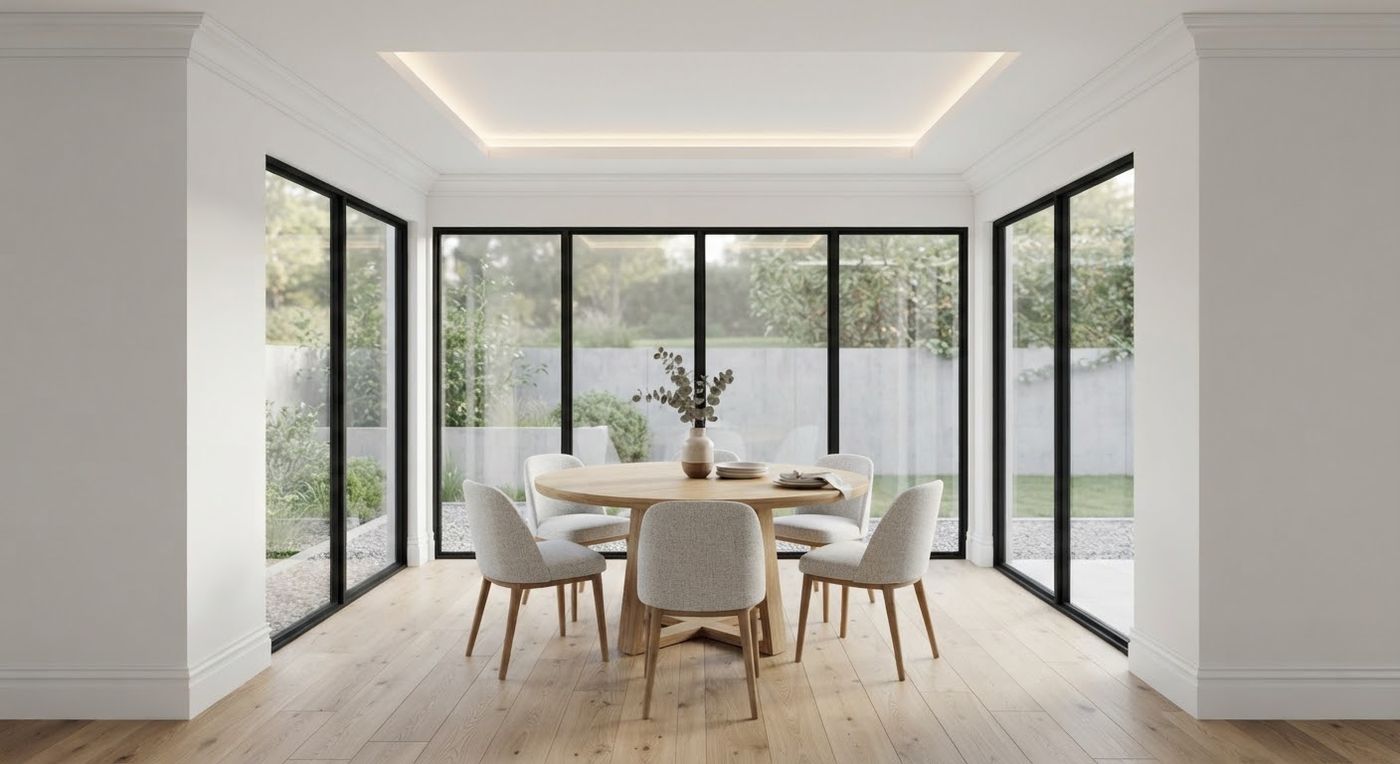 A dining room drawn in 3D