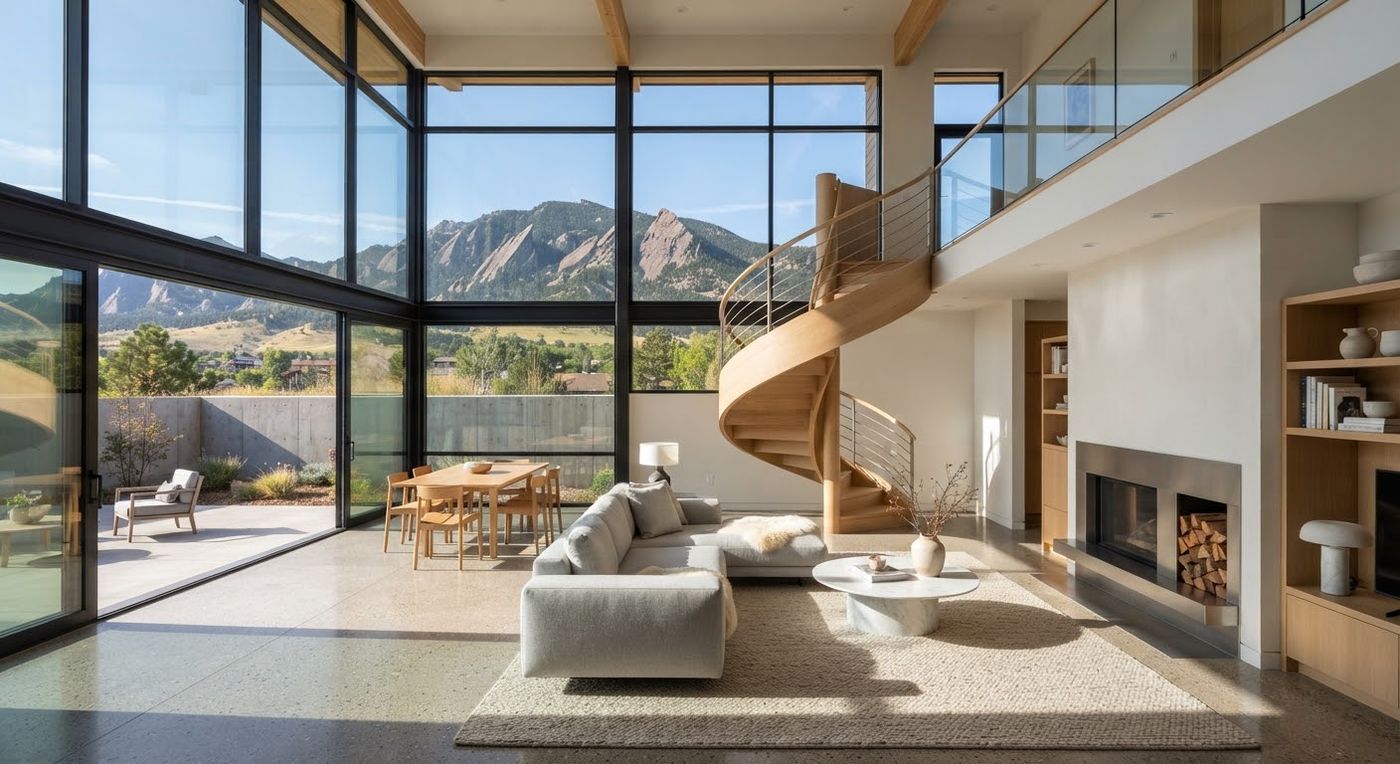 A living room and stair in 3D