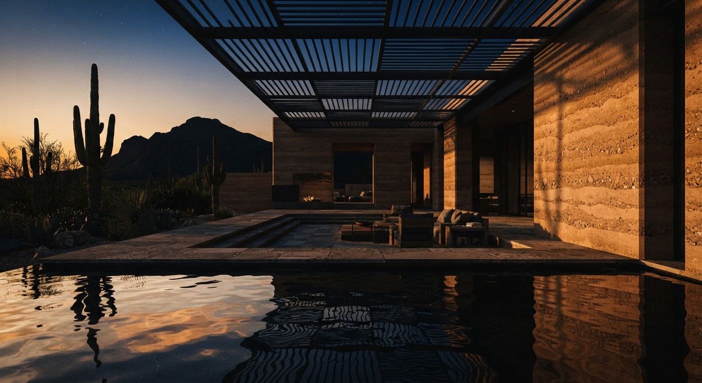 Illustration: a covered patio and pool at dusk